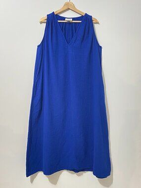 100% Cotton Gauze Blue Summer Dress Midi Length V-neck Wide A-Line Muslin Airy
